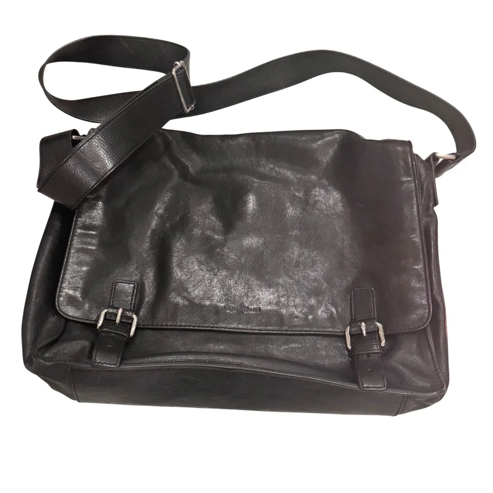 Vintage Cole Haan Black Leather Messenger Bag Adjust Strap Buckle Flap 11x14x3‎